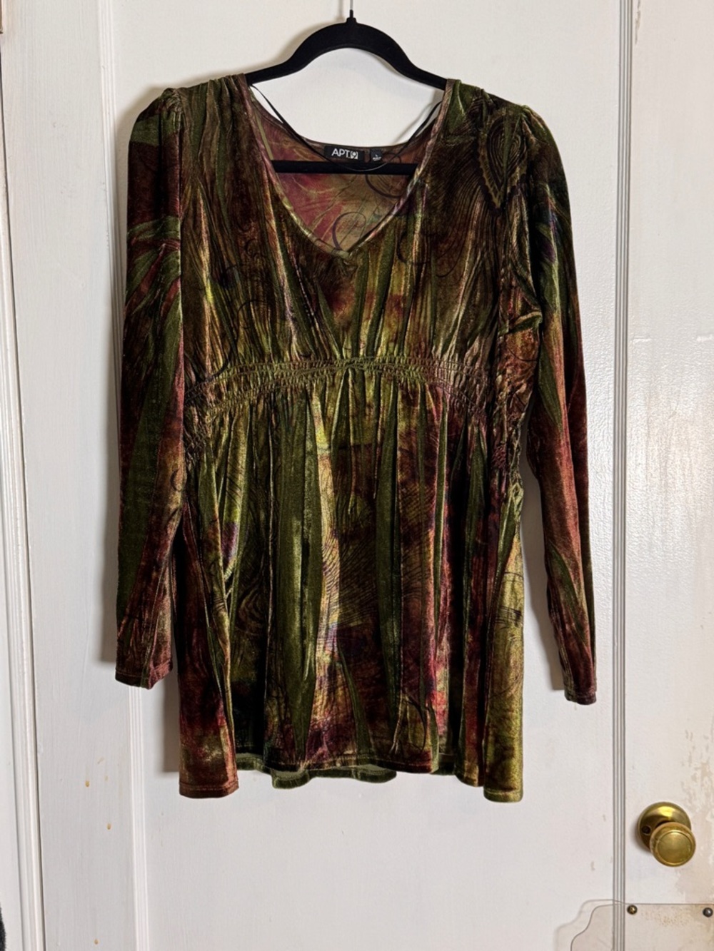 Apt. 9 Olive Velvet Long Sleeve V-Neck Top Babydoll, peacock vintage y2k